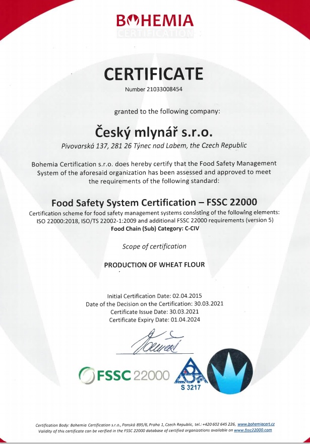 CZECHMILL Certifikát FSSC 22000 2015-2018